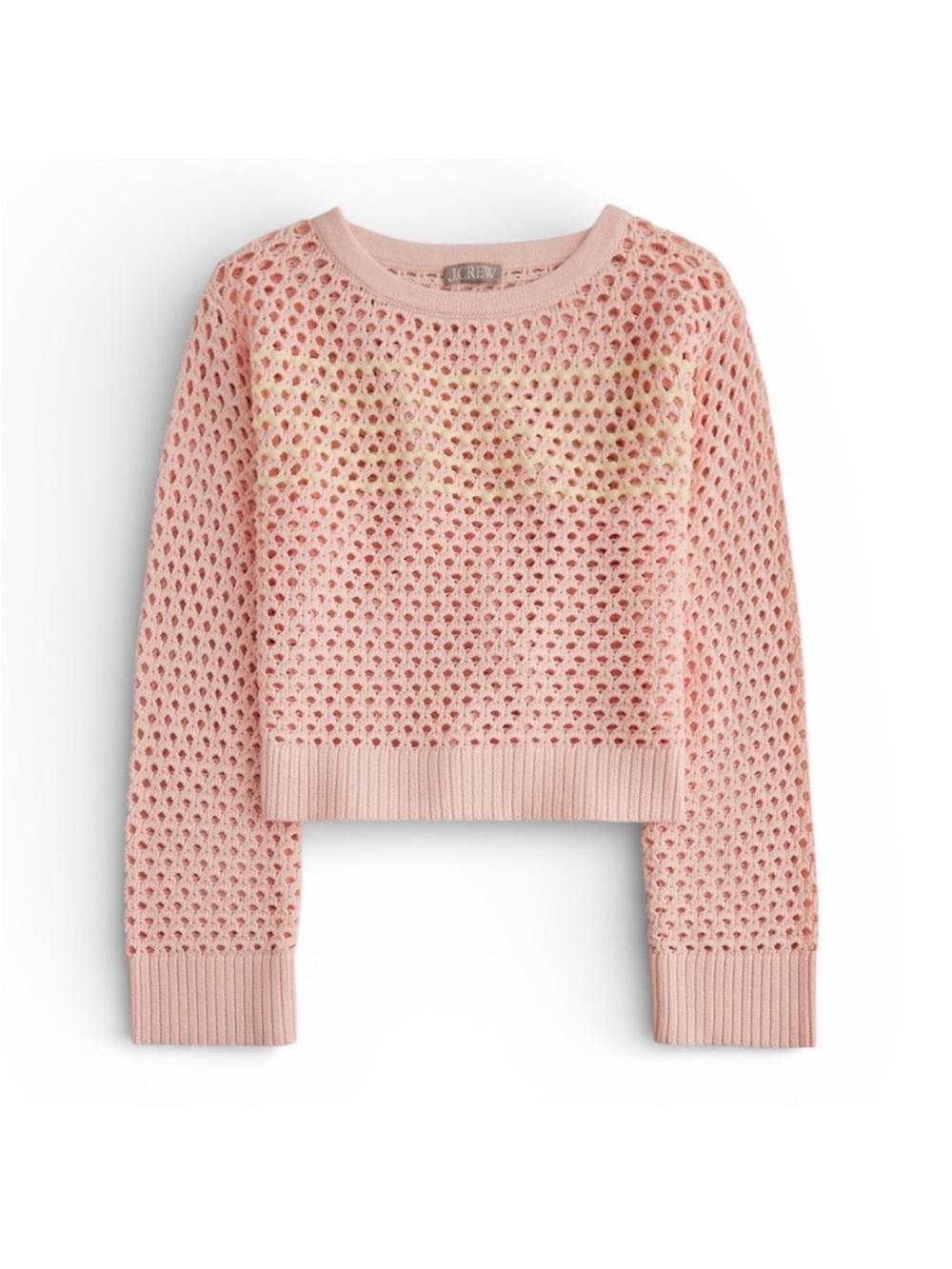 J. Crew Embellished Pointelle Crewneck Sweater S Pink Open Knit Beachy Cropped
